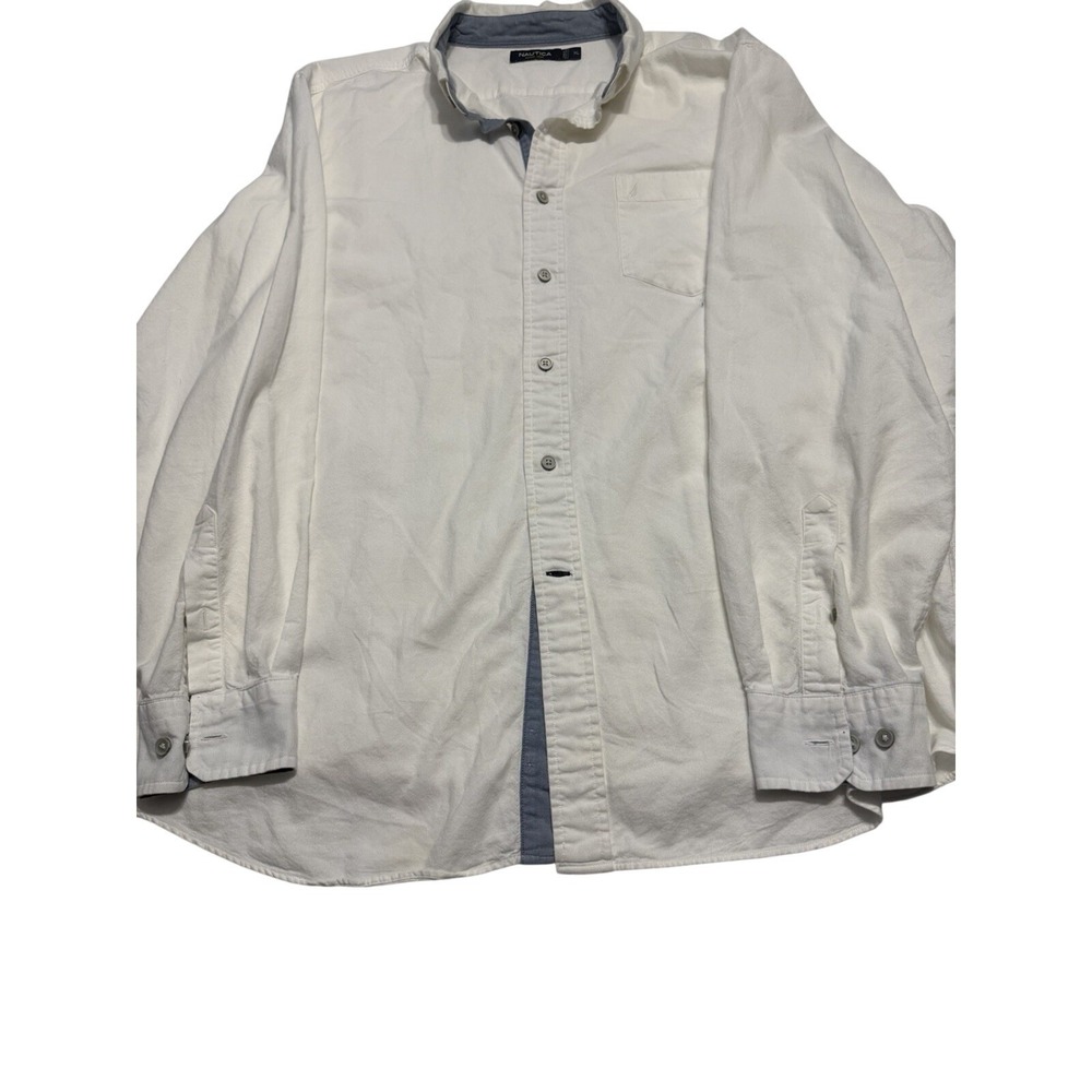 Nautica Mens XL White Cotton Long Sleeve Button Down Shirt Contrast Trim Pocket